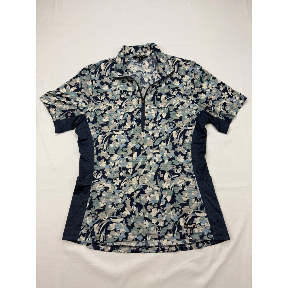 Kerrits Riding Top Women Small Blue Floral Quarter Zip Short Sleeve Equestrian
